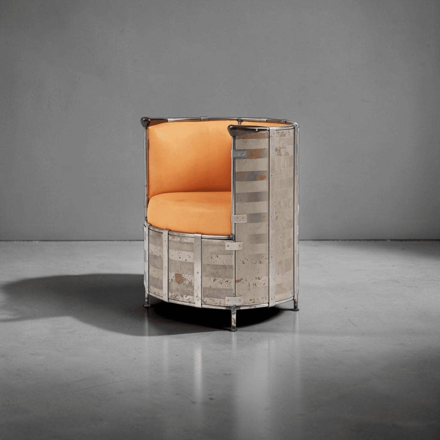 An orange and weathered metal armchair